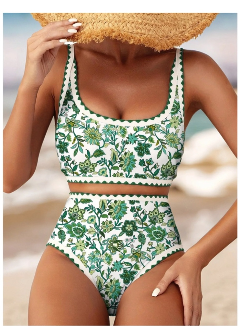Green and White Floral High-Waist Bikini